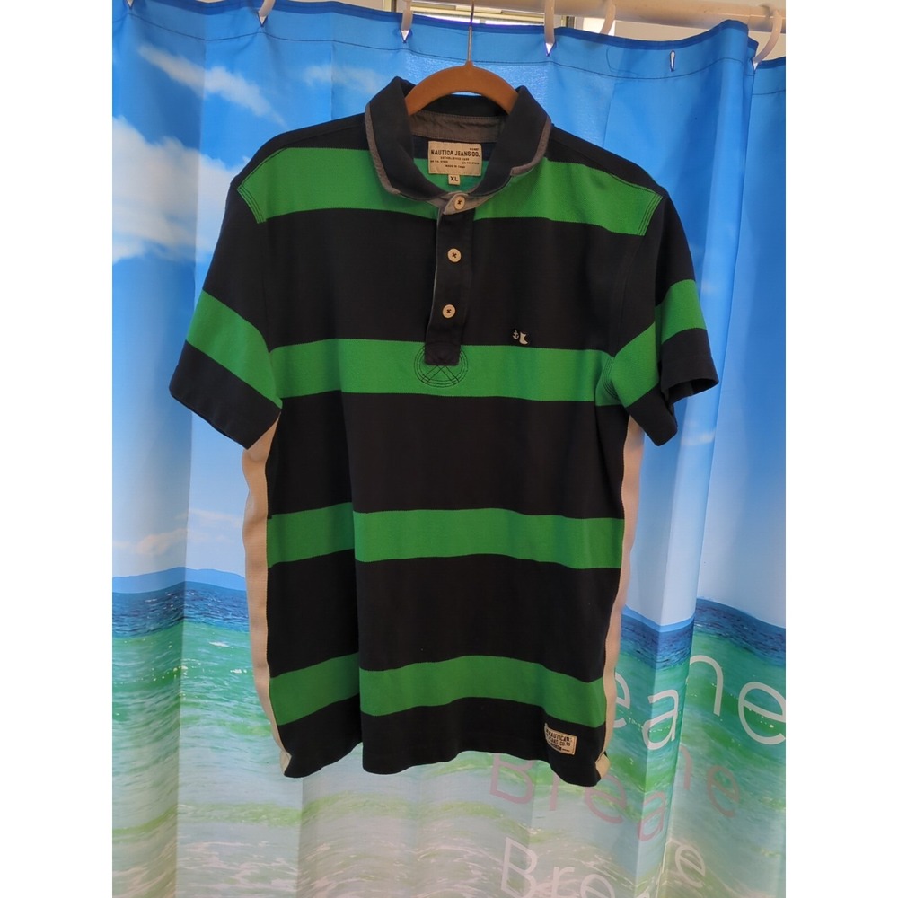 Nautica Jeans Co Polo Shirt Mens XL Blue Green Stripe A63